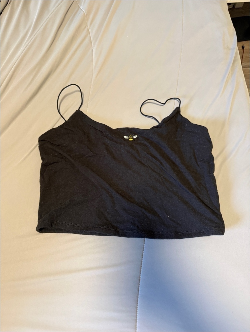 Garage Black Spaghetti-Strap Crop Camisole with Bee Embroidery
